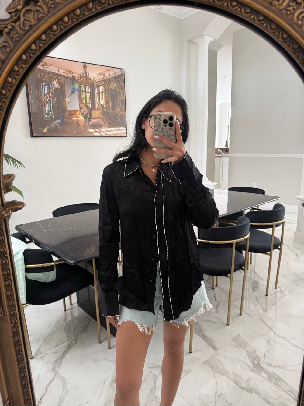 Zara Rhinestone Accent Black Button-Front Women's Shirt